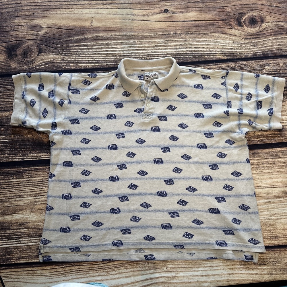 Woolrich Rugged Outdoor Wear Polo Shirt Mens XL Beige Blue Patterned Knit SS